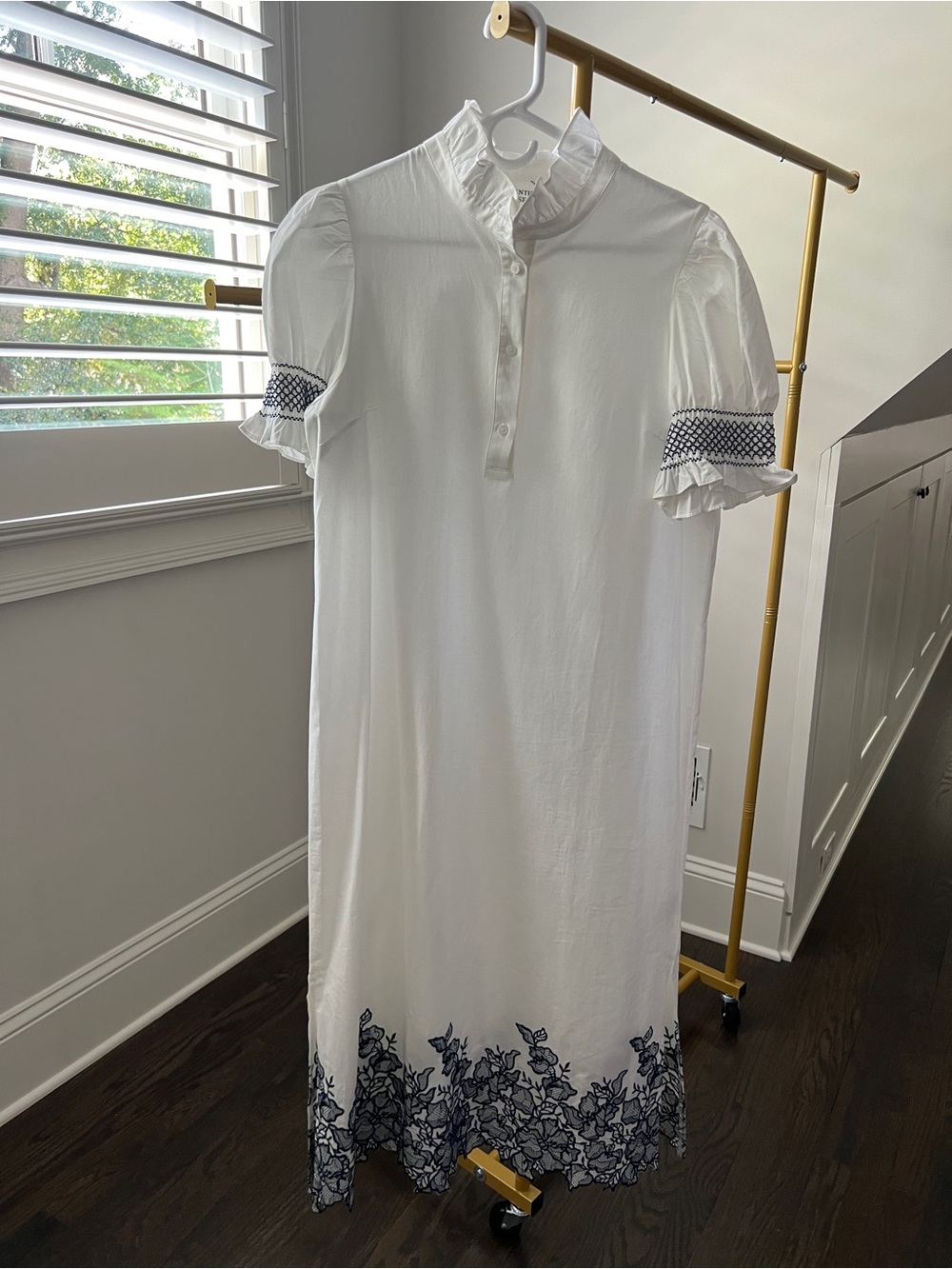 White Maxi Dress with Navy Embroidered Hem and Puff Sleeves